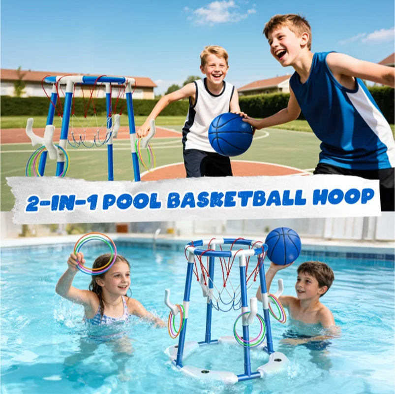 2-In-1 Floating Pool Basketball Hoops & Pool Ring Toss Game, Pool Basketball Toys with 3 Balls & 12 Rings, Inflatable Swimming Pool Toys for Toddlers