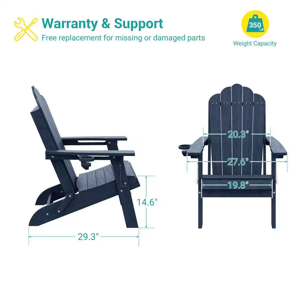 Navy Blue Plastic Foldable Adirondack Chair with Cup Holder, HDPE Lawn Chair, 350 Lbs.