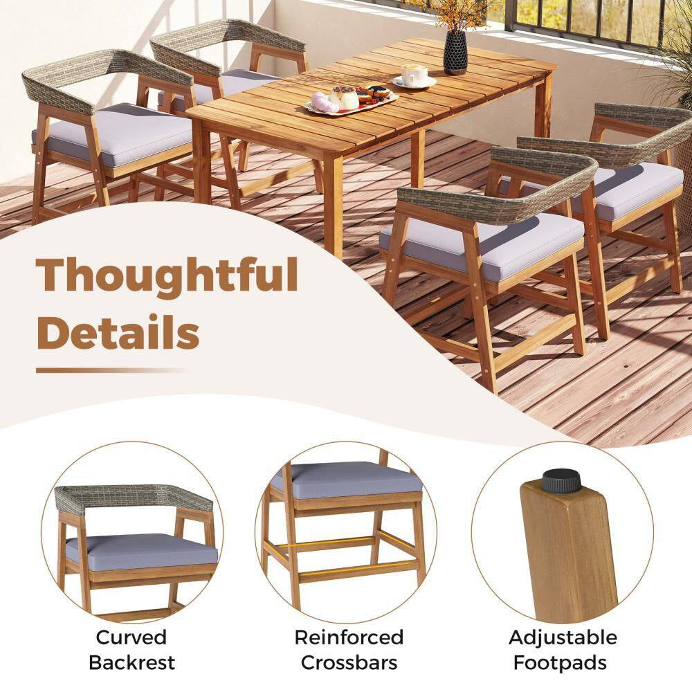 Acacia Wood Outdoor Dining Chair Patio Chairs with Gray Cushion for Garden (4-Pack)