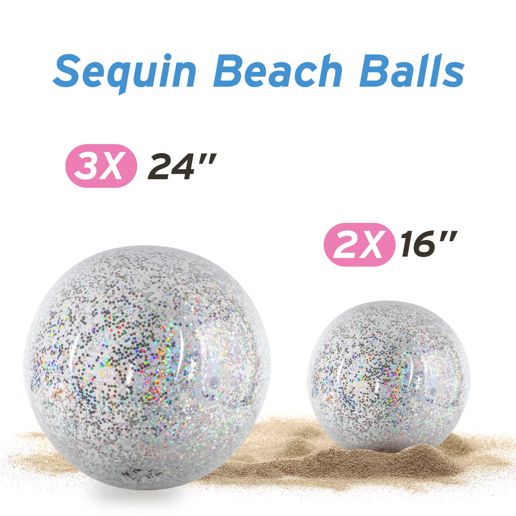 5 Pack Sequin Beach Ball Jumbo Pool Toys Balls Giant Confetti Glitter Inflatable Clear Beach Ball Swimming Pool Water Fun Toys Outdoor Summer Party Favors for Kids Adults