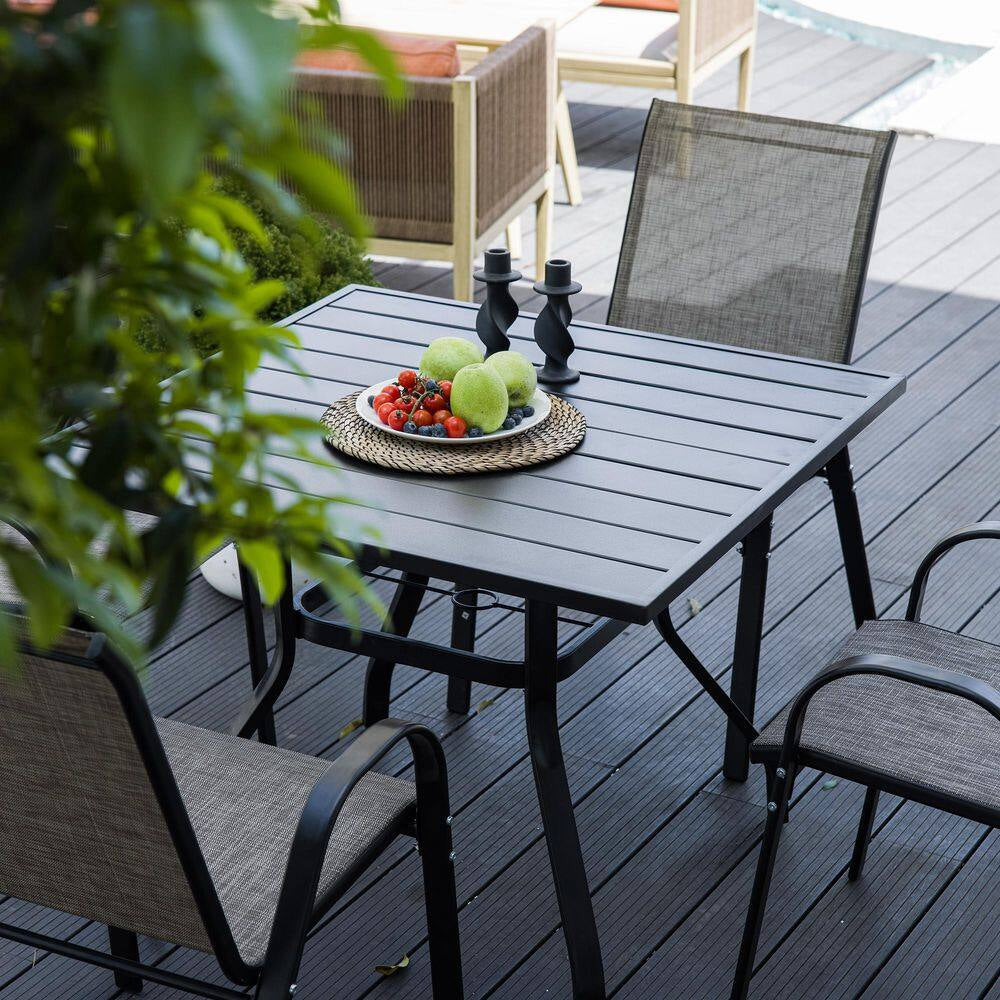 Metal Patio Table and Chairs Set for 4 with Square Patio Table and Stackable Patio Chairs for Lawn, Brown and Black