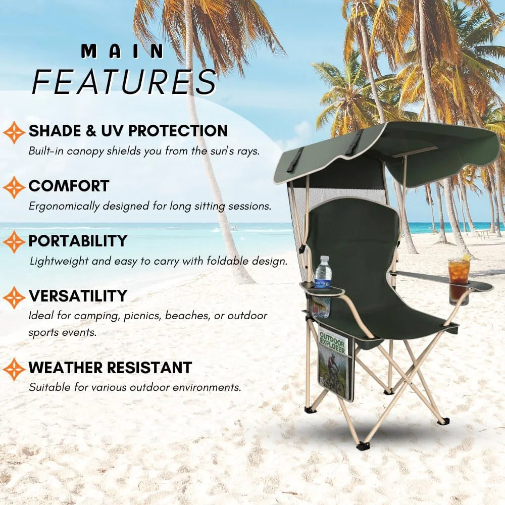 2-Pack Portable Folding Camping Chairs with Canopy Shade, Beach Chair for Adults, Durable Weather Resistant 600D Oxford Cloth, Camping Chair with Canopy for Outdoors