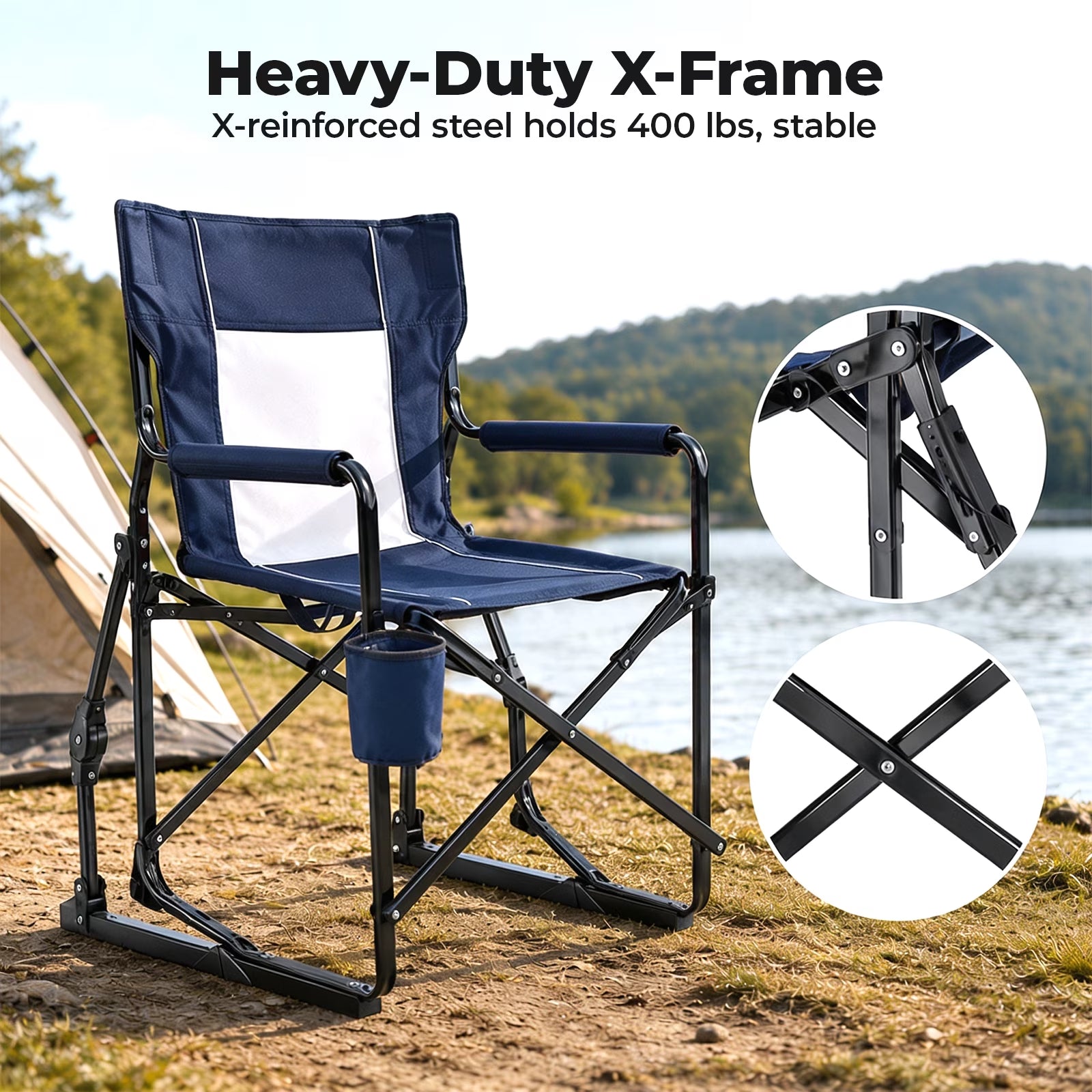Outdoor Folding Rocking Camping Chair, Portable Mesh Lawn Chairs with Comfortable Mesh Backrest, Waterproof Armrests and Sturdy Frame
