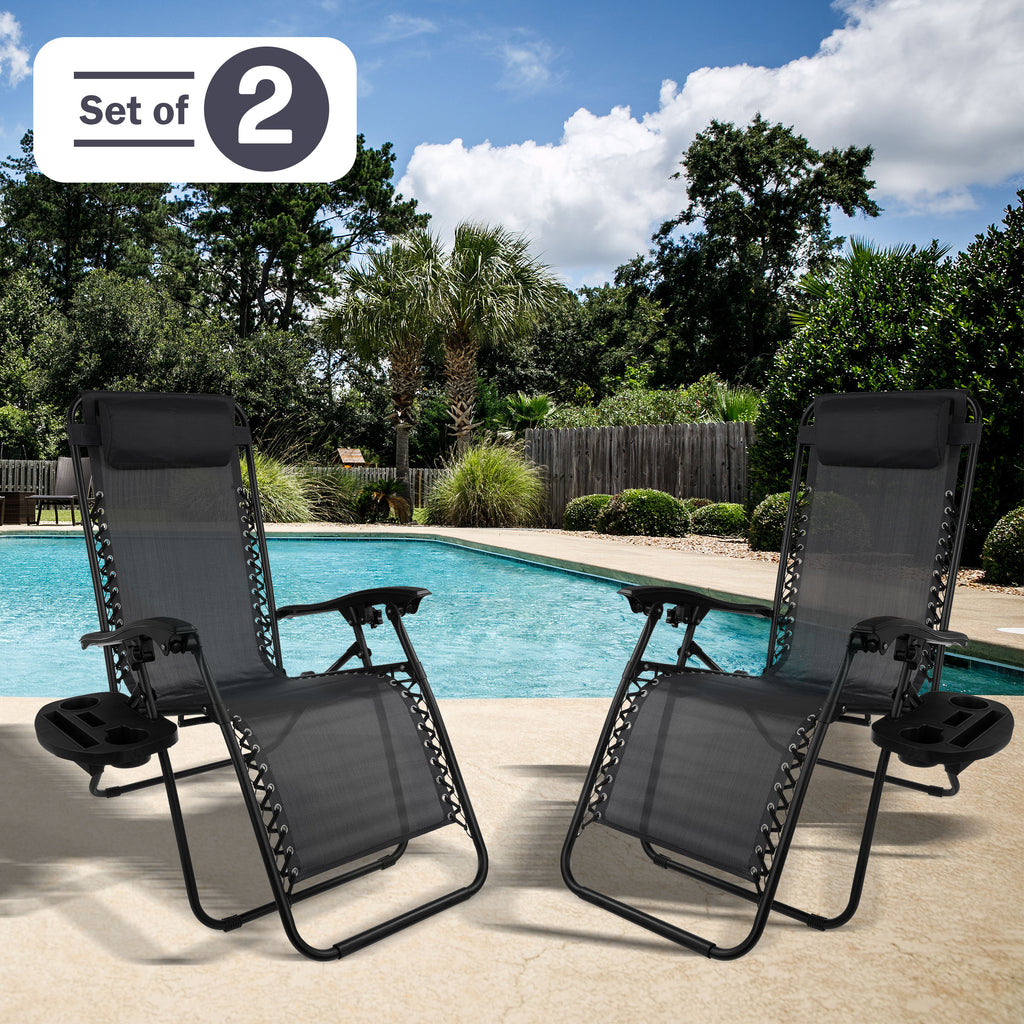Zero Gravity Lounge Chairs, Set of 2 Folding Recliners with Side Table, Cup Holder & Pillow, Black