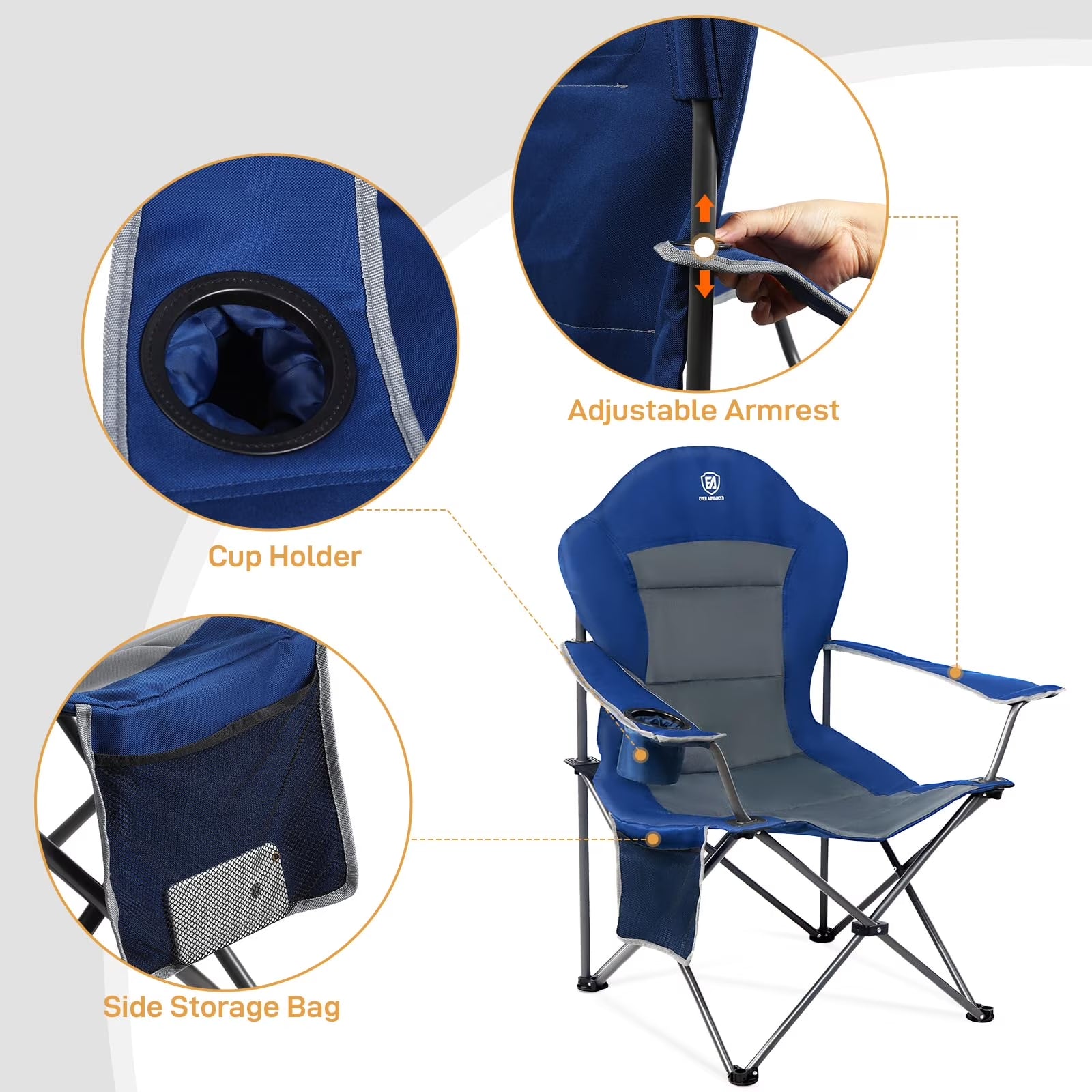 Oversized Camping Chair with High Back Padded Folding Portable Lawn Chairs Lightweight Sturdy Steel for Adults Foldable Outdoor Chair , Blue