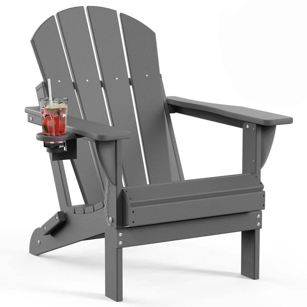 Gray Folding Adirondack Chairs Set of 1, Patio Chairs with Cup Holder, Lawn Chairs, Weather Resistant, Recyclable