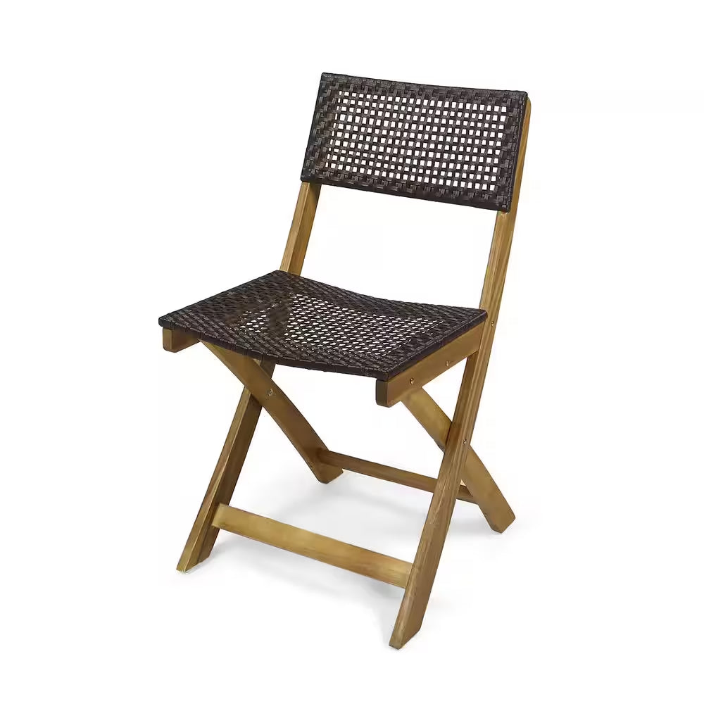 Teak Acacia Wood Folding Lawn Chair, Bistro Chair with Brown Wicker Seat (Set of 2)