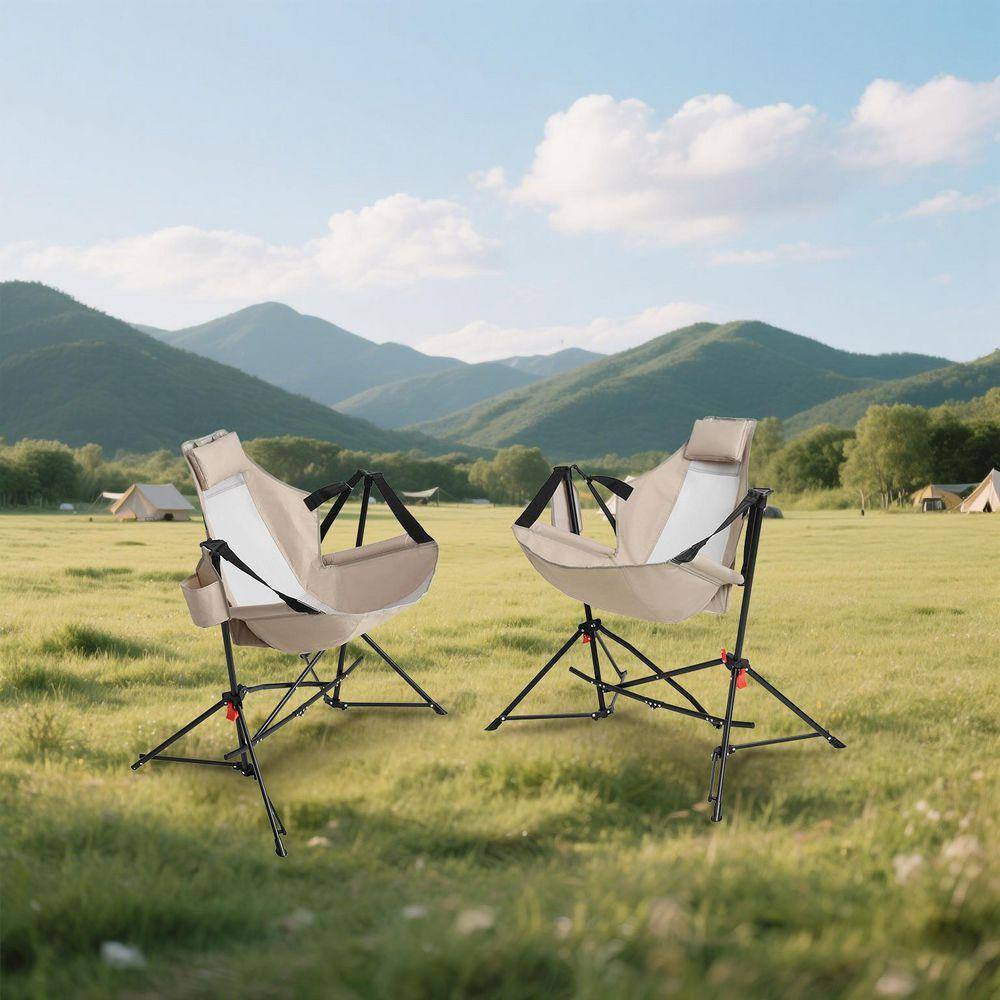 2-Piece Khaki Metal Folding Lawn Chair, Outdoor Hammock Camping Chair with Adjustable Back, Pillow Cup Holder Carry Bag