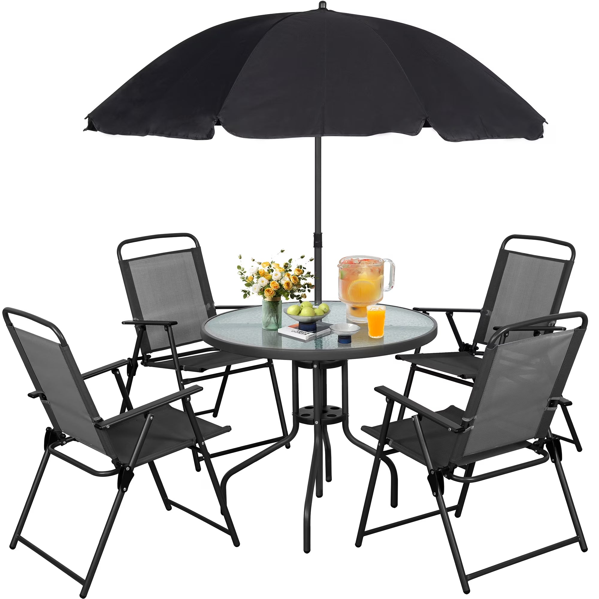6 Piece Patio Furniture Set with Umbrella, Outdoor Patio Dining Set with 4 Folding Chairs and Tempered Glass Dining Table, Black
