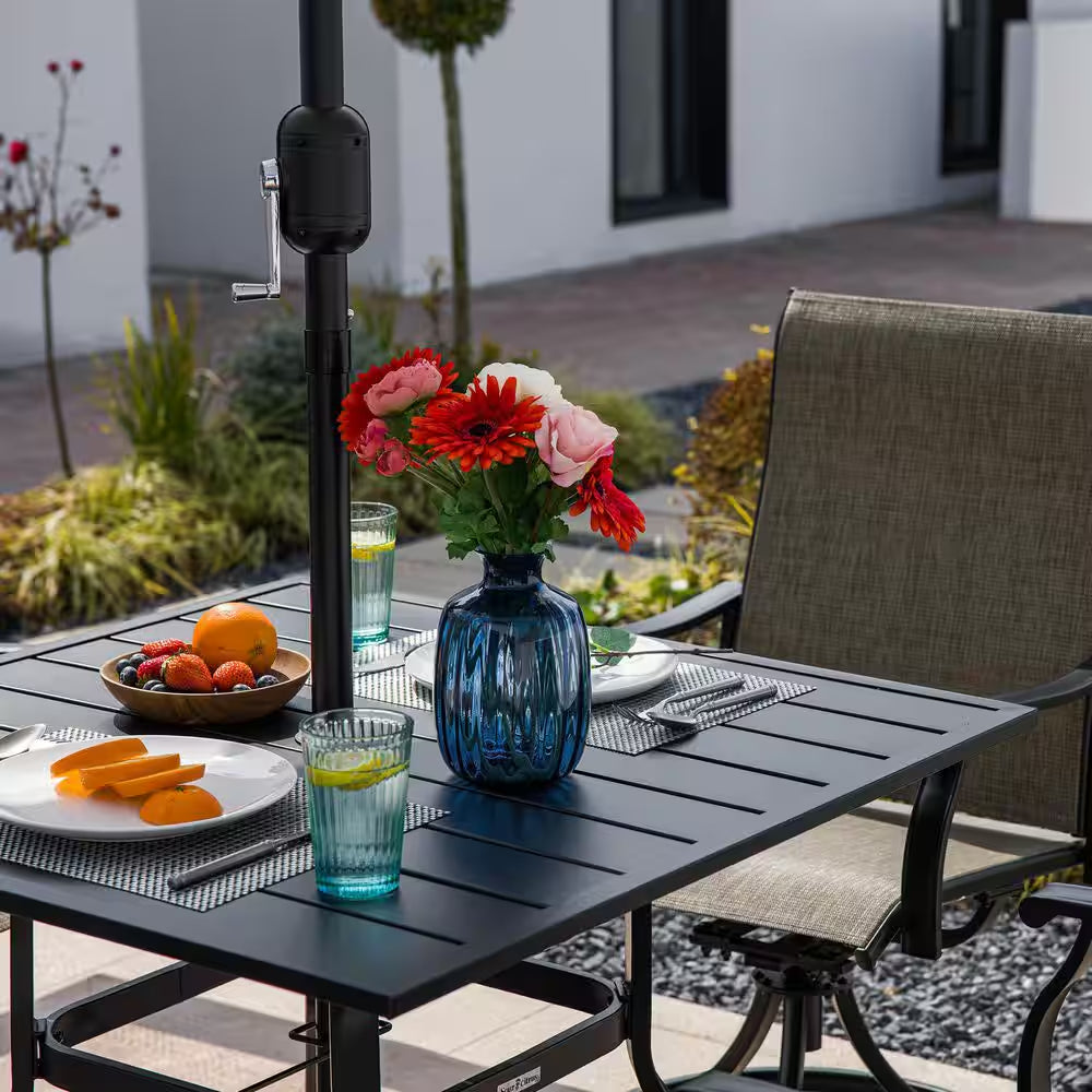 Metal Patio Table and Chairs Set for 4 with Square Patio Table and Stackable Patio Chairs for Lawn, Brown and Black