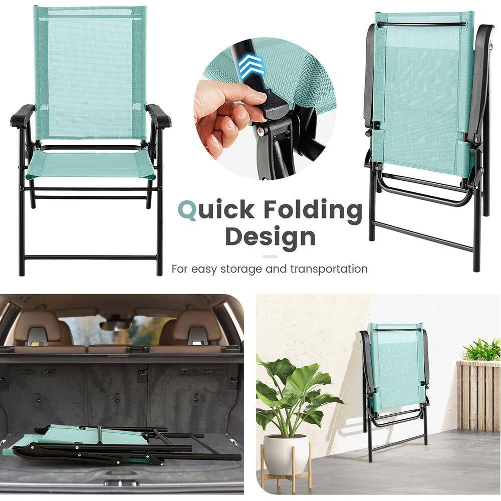 Patio Mint Green Folding Chairs Outdoor Portable Pack Lawn Chairs W/ Armrests (Set of 2)