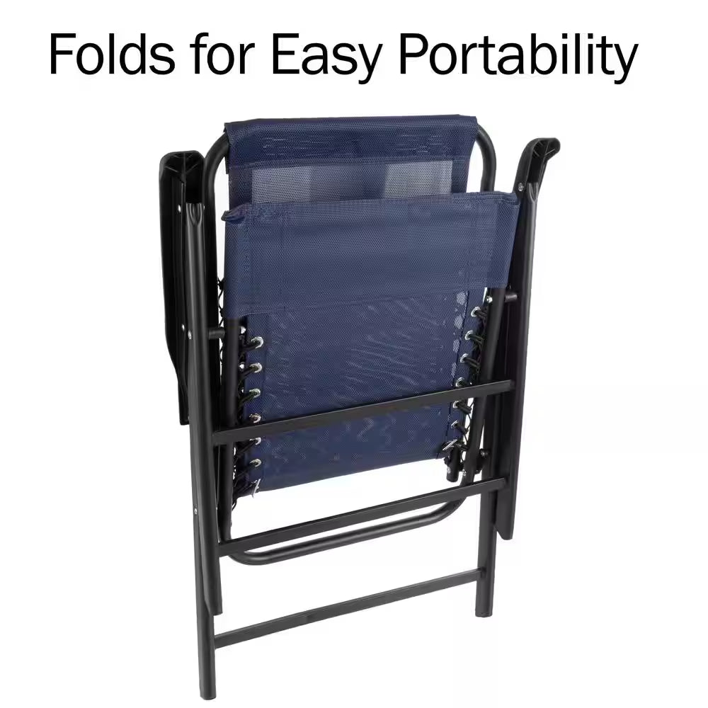 Navy Textilene Fabric and Powder-Coated Steel Folding Lawn Chairs with Bungee Suspension (Set of 2)