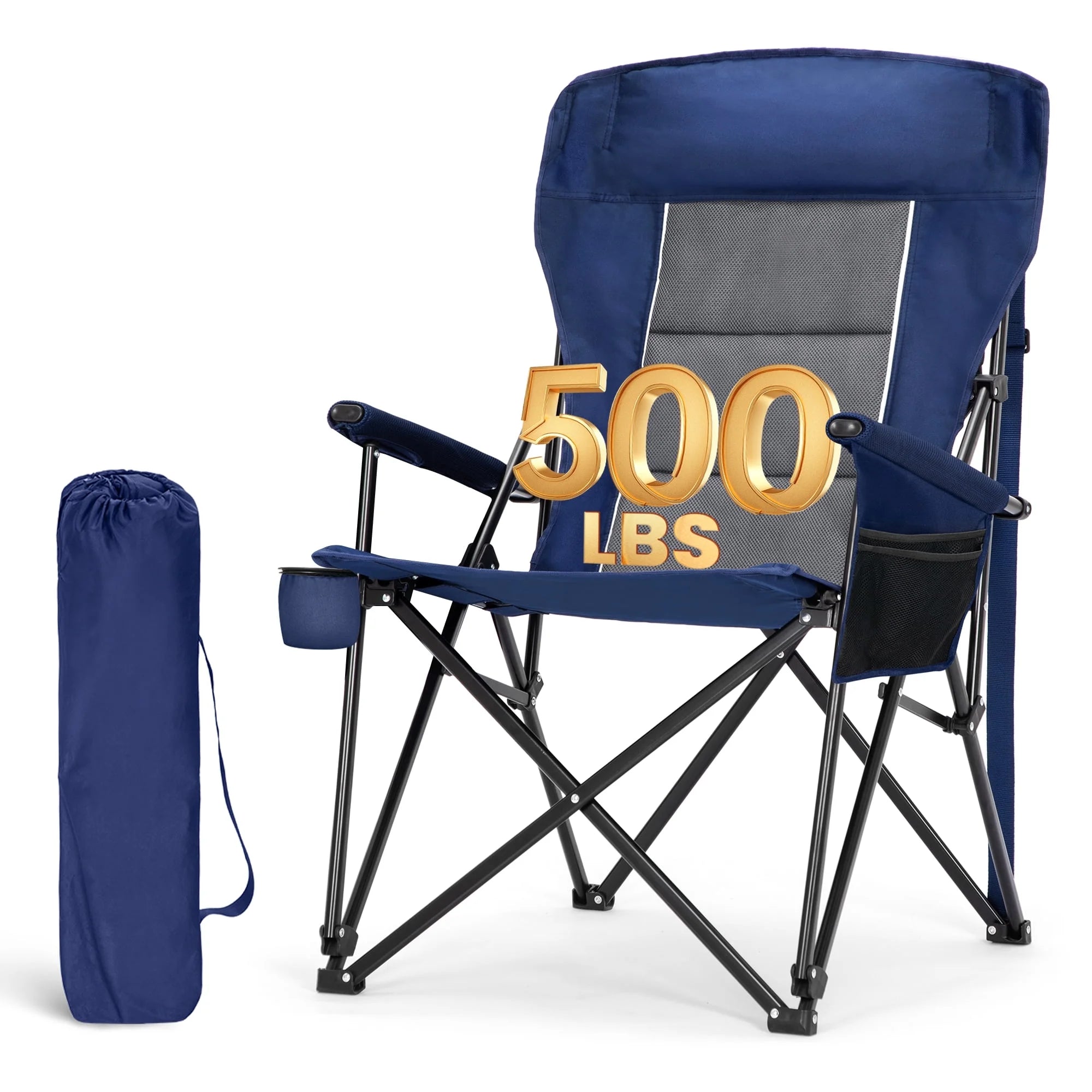 Oversized Camping Chair Heavy Duty High Back Camping Chairs 500Lbs Capacity Folding Lawn Chairs with Cup Holder, Portable for Outdoor, Beach and Picnic, Blue