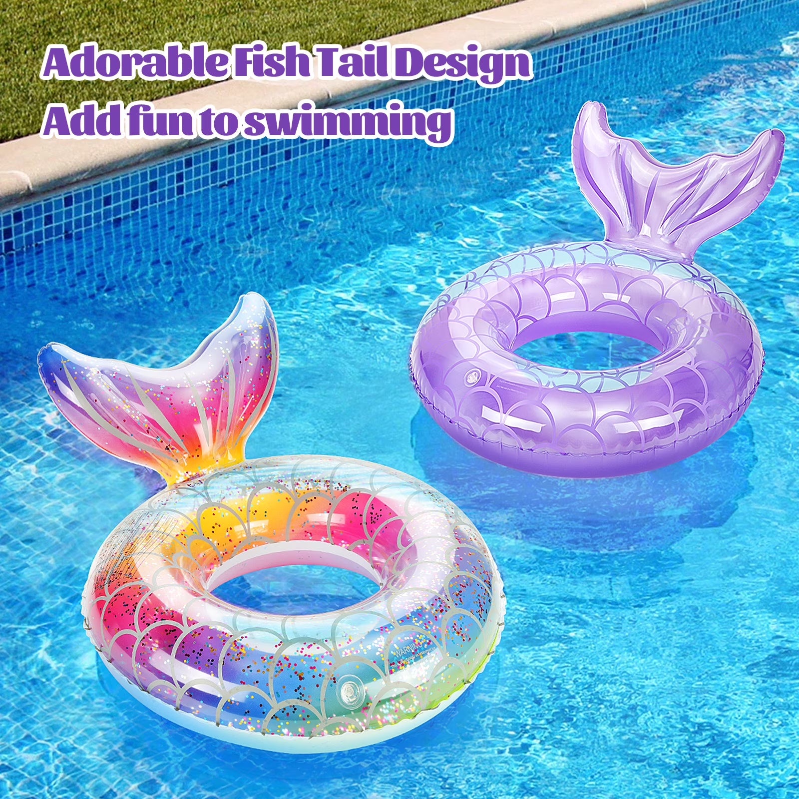 2 Pack Mermaid Tail Pool Float, Inflatable Swimming Ring Floaties Tubes, Rainbow & Purple
