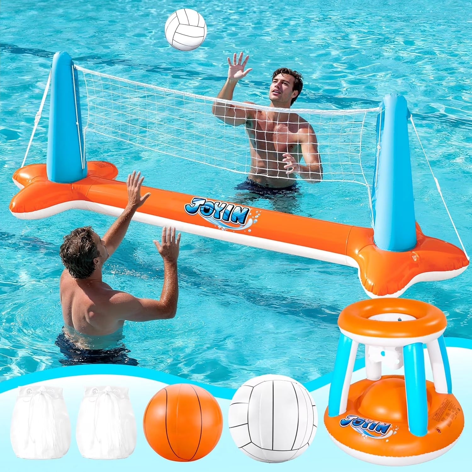 2-In-1 Inflatable Pool Toys Set with Pool Volleyball & Pool Basketball Hoop, Summer Pool Game for Kids and Pool Floats Adults, Volleyball Court (105”X28”X38”)|Basketball (27.6”X23”),L-Orange