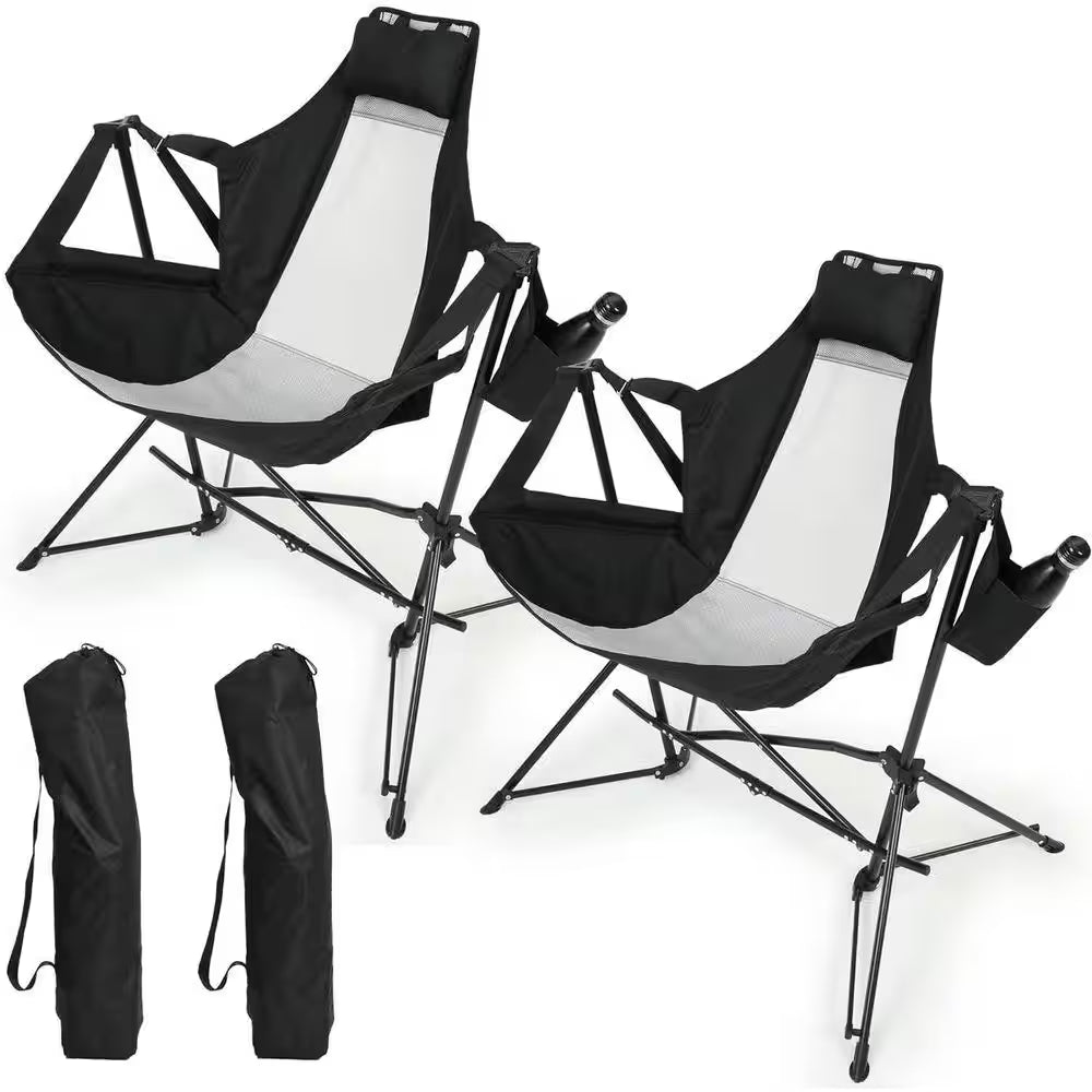 Black Metal Folding Lawn Chair, Outdoor Hammock Camping Chair with Adjustable Back, Cup Holder and Carry Bag (2PCS)