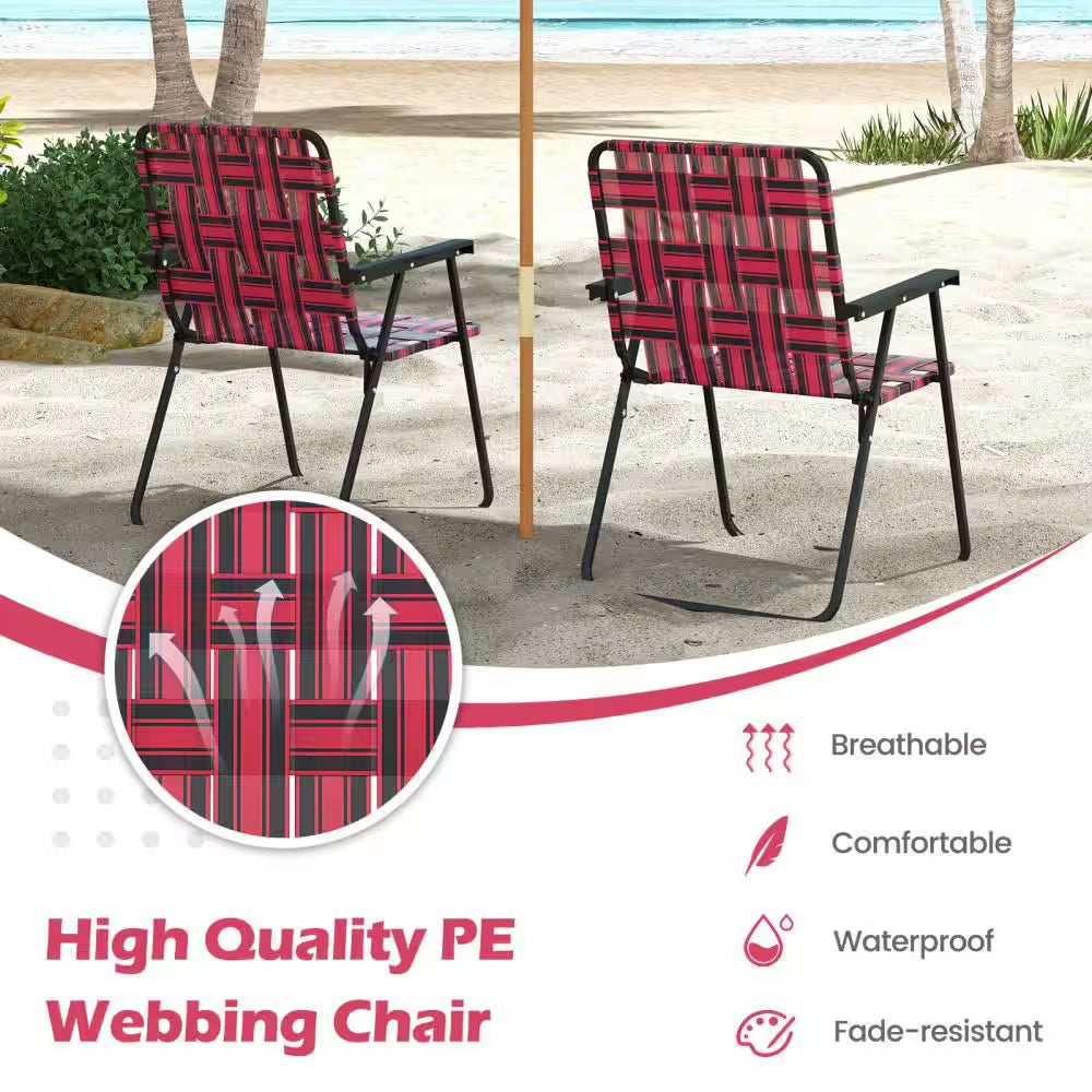 Red Metal Folding Webbed Lawn Chairs, Outdoor Patio Folding Beach Chairs with Heavy Duty Frame (Set-4)