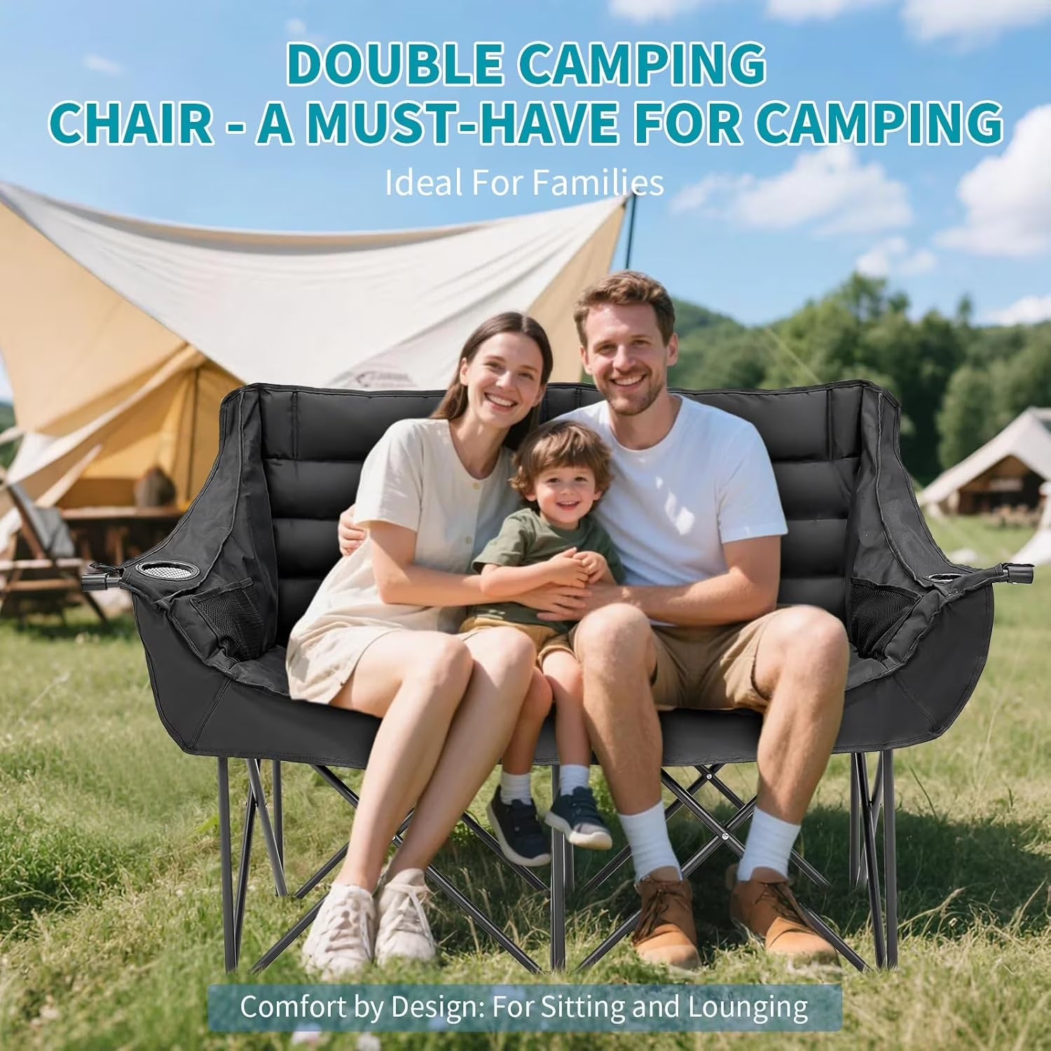 Double Camping Chair for 2 Person - Oversized Padded Folding Loveseat - Portable Camping Couch Heavy Duty Lawn Chairs for Outdoor Beach - Support 500LBS