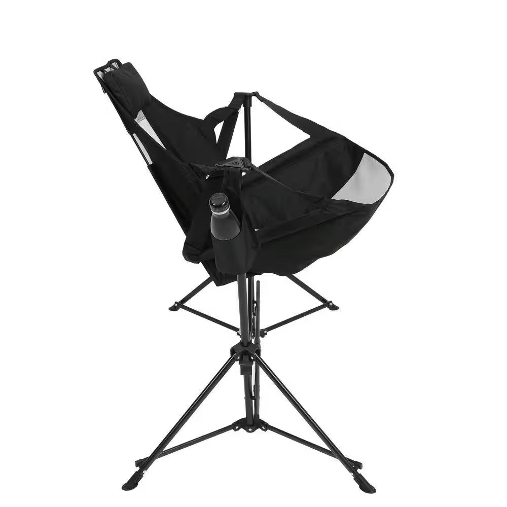 Black Metal Folding Lawn Chair, Outdoor Hammock Camping Chair with Adjustable Back, Cup Holder and Carry Bag (2PCS)
