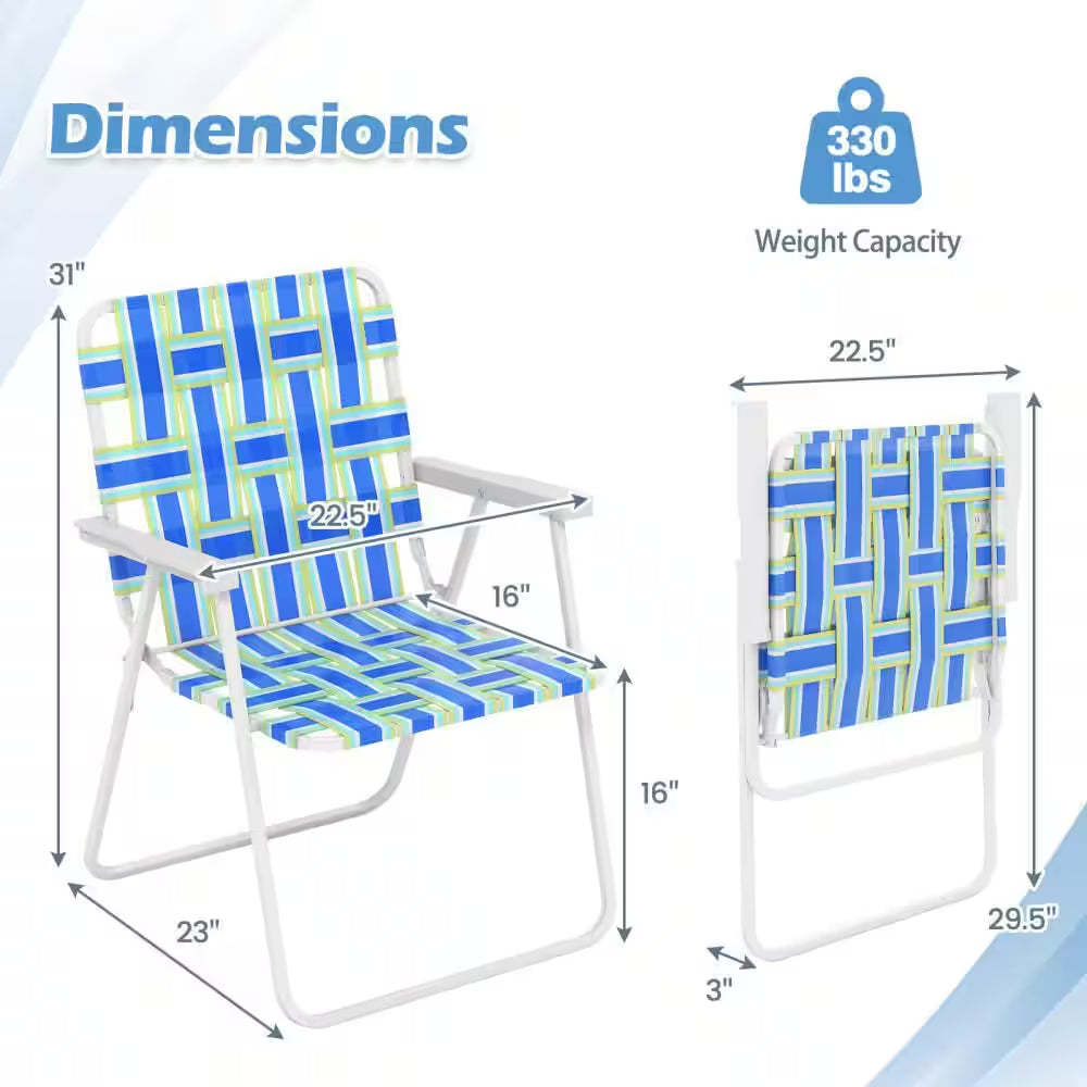 Blue Metal Webbed Lawn Chairs Outdoor Patio Folding Beach Chairs with Flightweight Portable Web Camping Chairs(Set of 2)