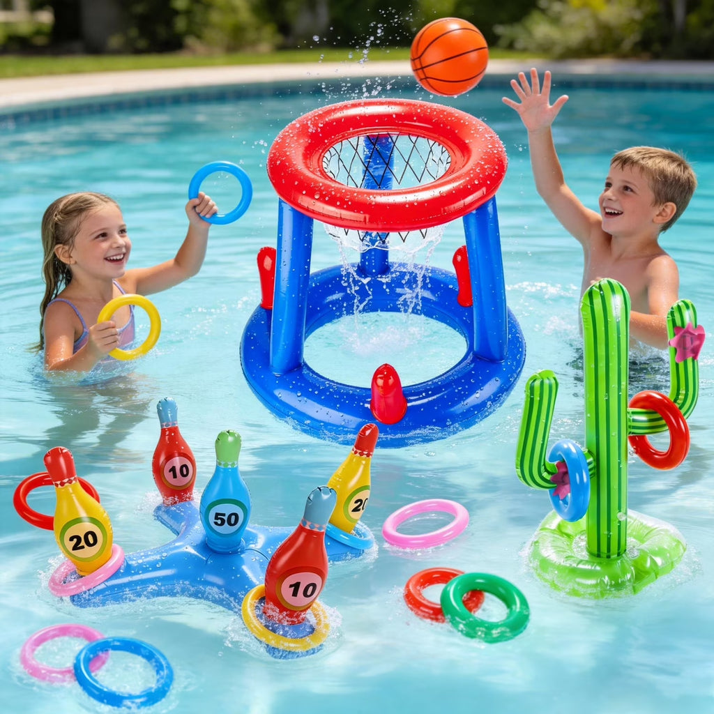Pool Toys Games Set, Floating Basketball Hoop Inflatable Cross Ring Toss Game Toys for Kids Adults, Summer Party Swimming Pool Water Games