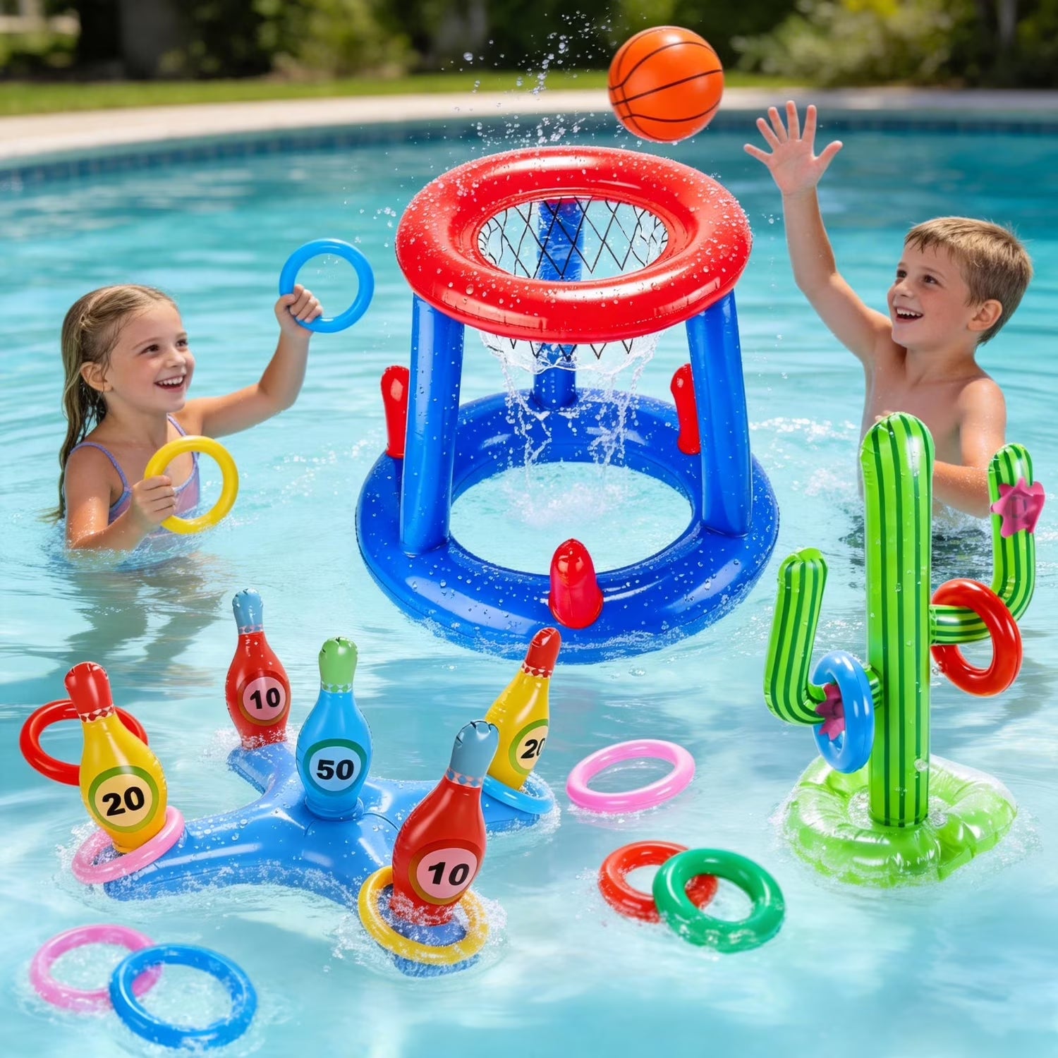 Pool Toys Games Set, Floating Basketball Hoop Inflatable Cross Ring Toss Game Toys for Kids Adults, Summer Party Swimming Pool Water Games