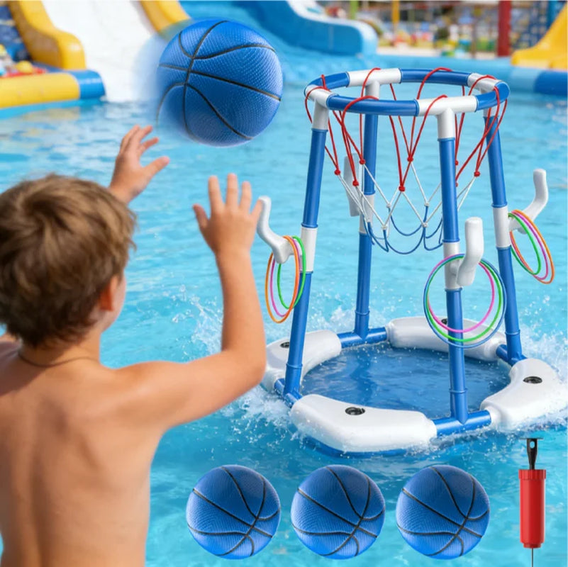 2-In-1 Floating Pool Basketball Hoops & Pool Ring Toss Game, Pool Basketball Toys with 3 Balls & 12 Rings, Inflatable Swimming Pool Toys for Toddlers