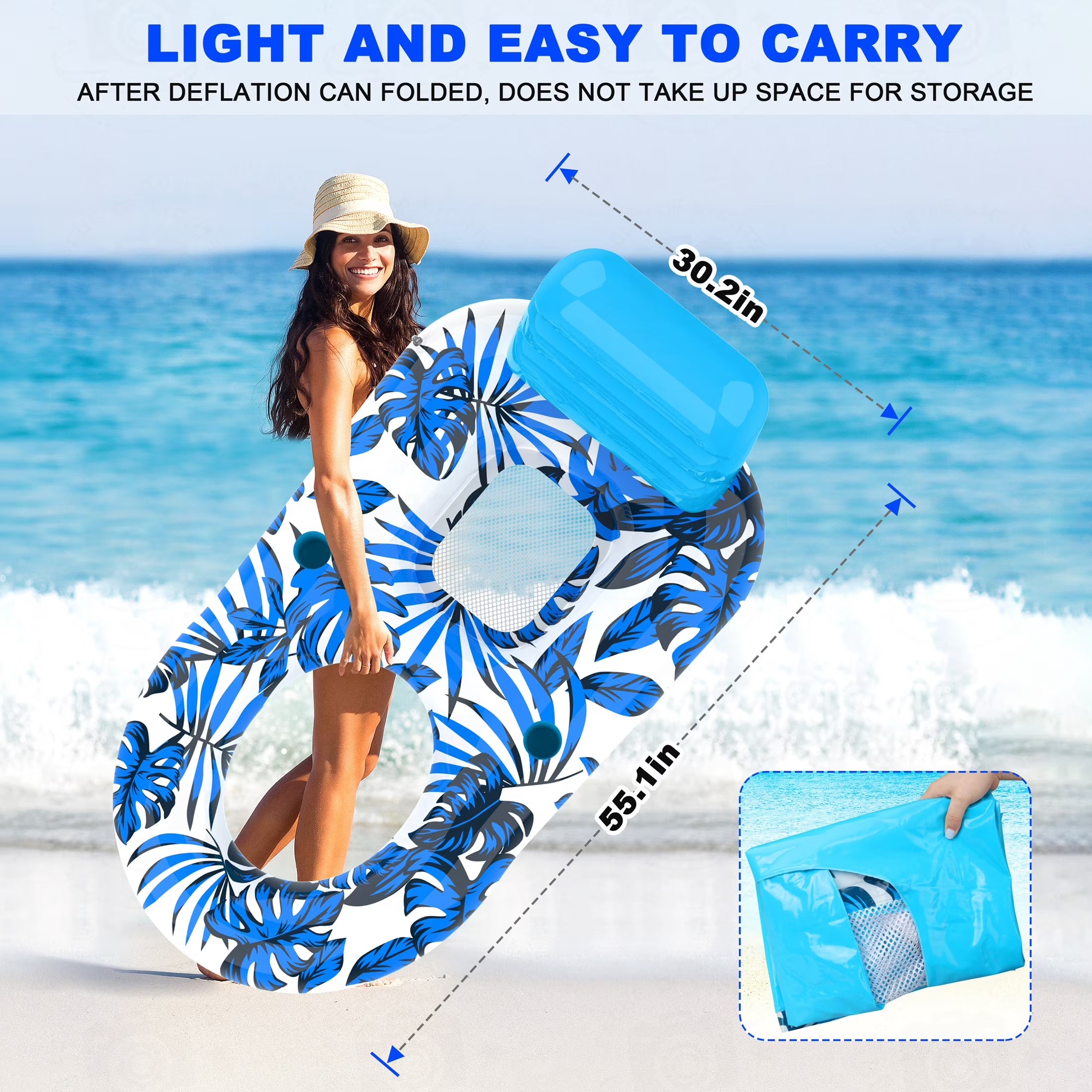 Blue Pool Floats, 57"X36" Inflatable Water Floats Water Mat, Comfort Pool Toys Pool Mat for Adults