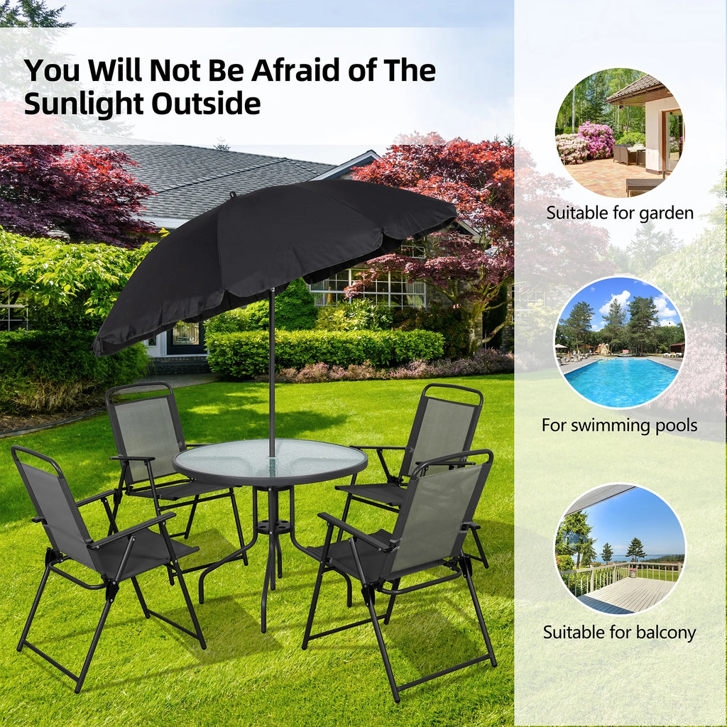 6 Piece Patio Furniture Set with Umbrella, Outdoor Patio Dining Set with 4 Folding Chairs and Tempered Glass Dining Table, Black