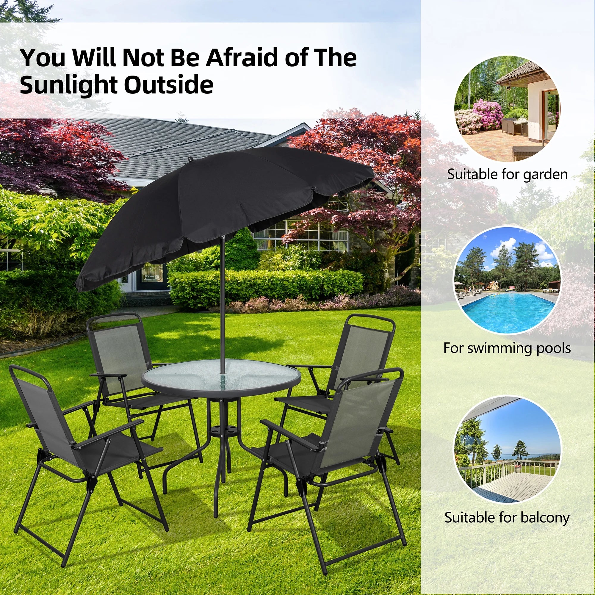 6 Piece Patio Furniture Set with Umbrella, Outdoor Patio Dining Set with 4 Folding Chairs and Tempered Glass Dining Table, Black