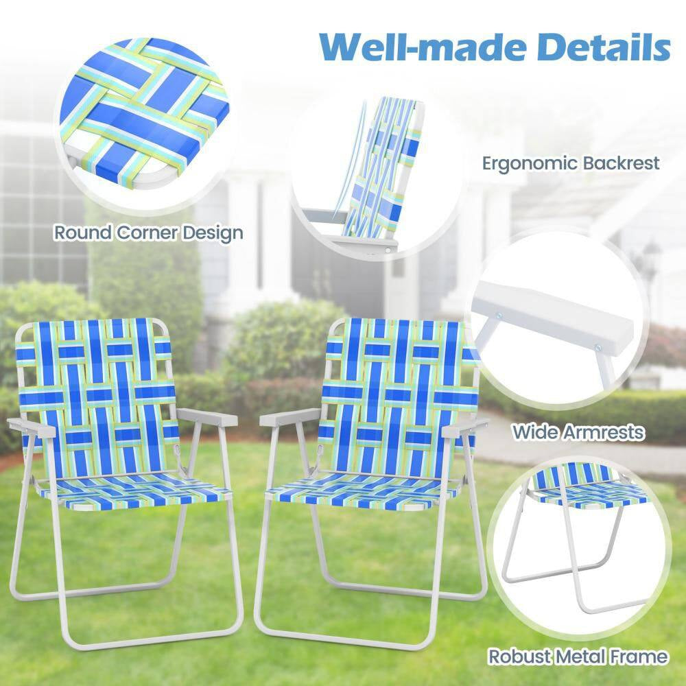 Blue Metal Webbed Lawn Chairs Outdoor Patio Folding Beach Chairs with Flightweight Portable Web Camping Chairs(Set of 2)