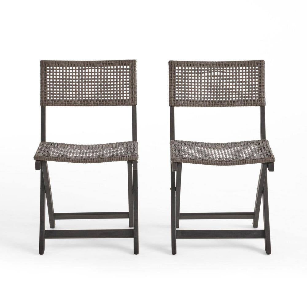 Gray Acacia Wood Folding Lawn Chair, Bistro Chair with Wicker Seat (Set of 2)