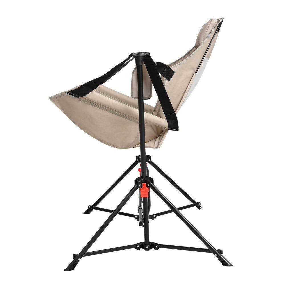 2-Piece Khaki Metal Folding Lawn Chair, Outdoor Hammock Camping Chair with Adjustable Back, Pillow Cup Holder Carry Bag