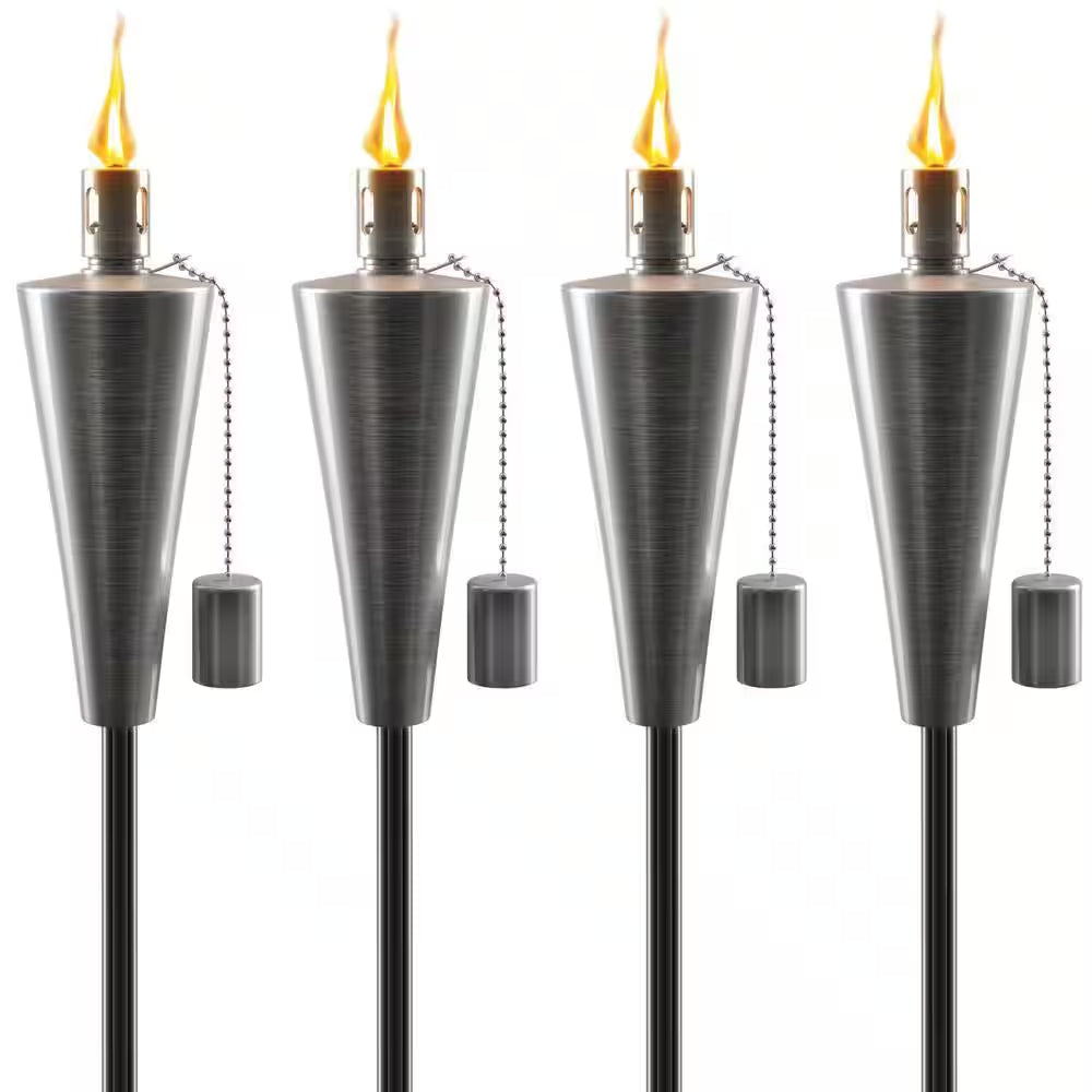 Outdoor Torches with Wick Aand Snuffer Cap Set of 4 (Cone), Citronella Oil Lamp, 3 In. X 60 In. Metal Oil Outdoor Torch