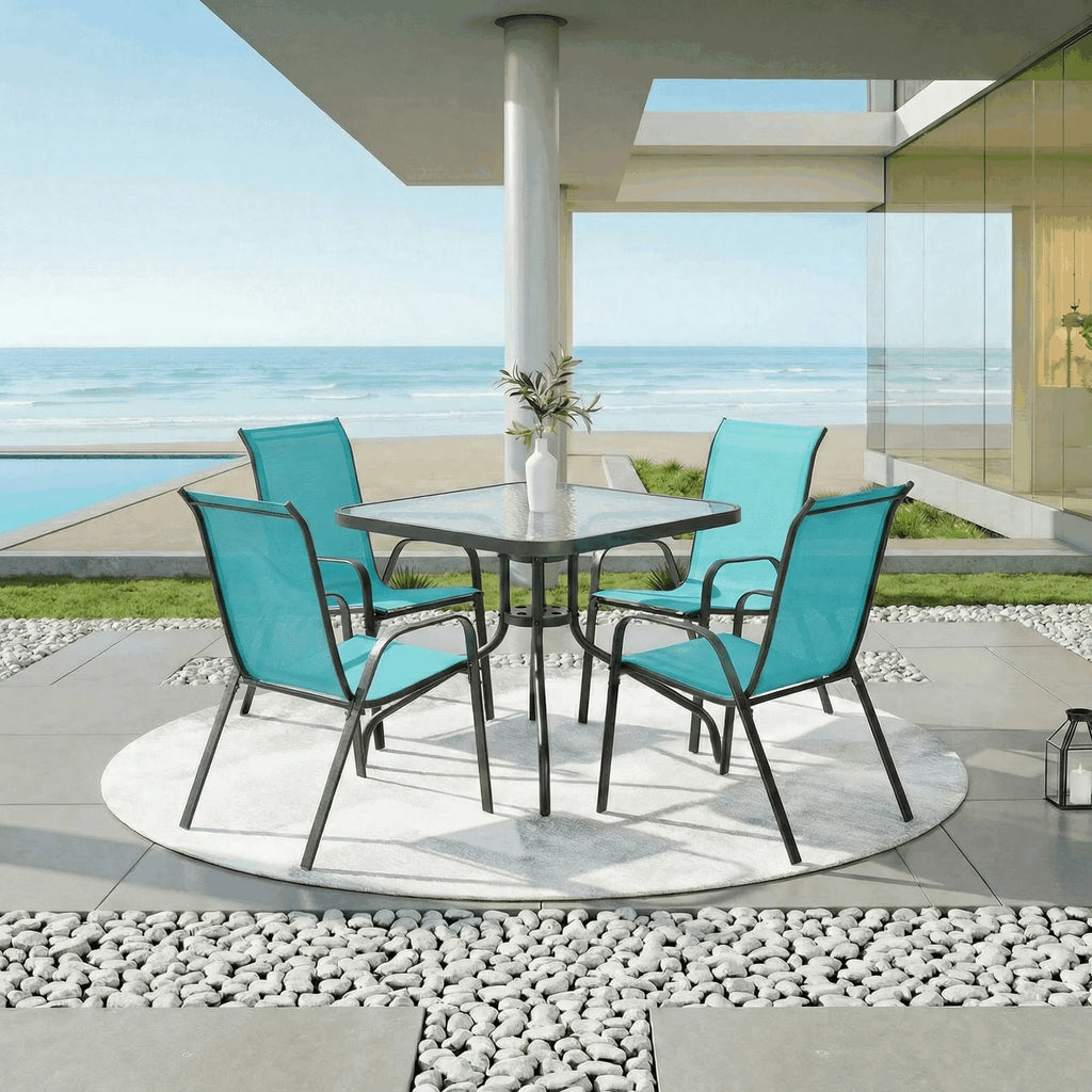 Patio Dining Set of 5, Outdoor Furniture Set with 4 Stackable Textilene Armchairs & Square Table, Light Blue