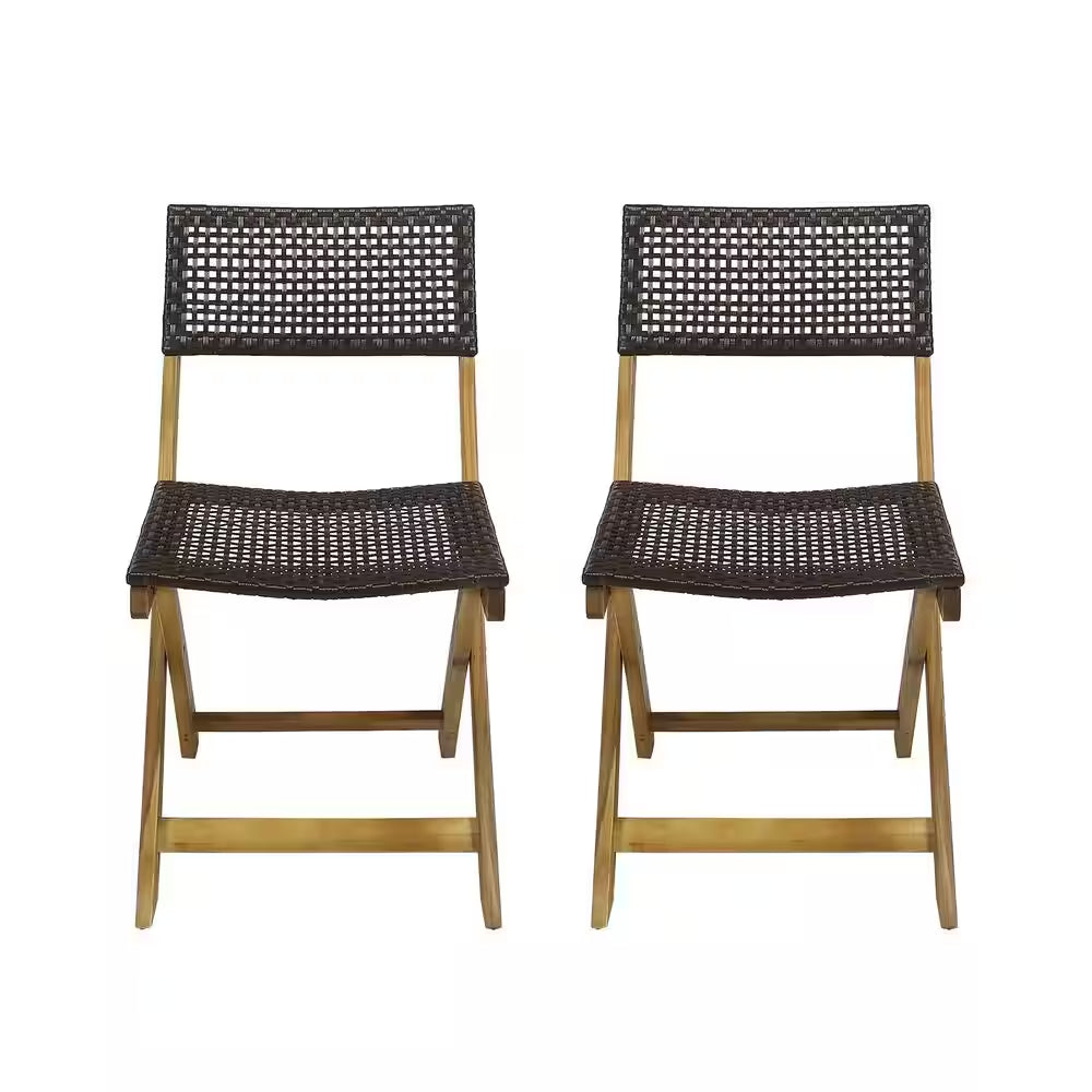 Teak Acacia Wood Folding Lawn Chair, Bistro Chair with Brown Wicker Seat (Set of 2)
