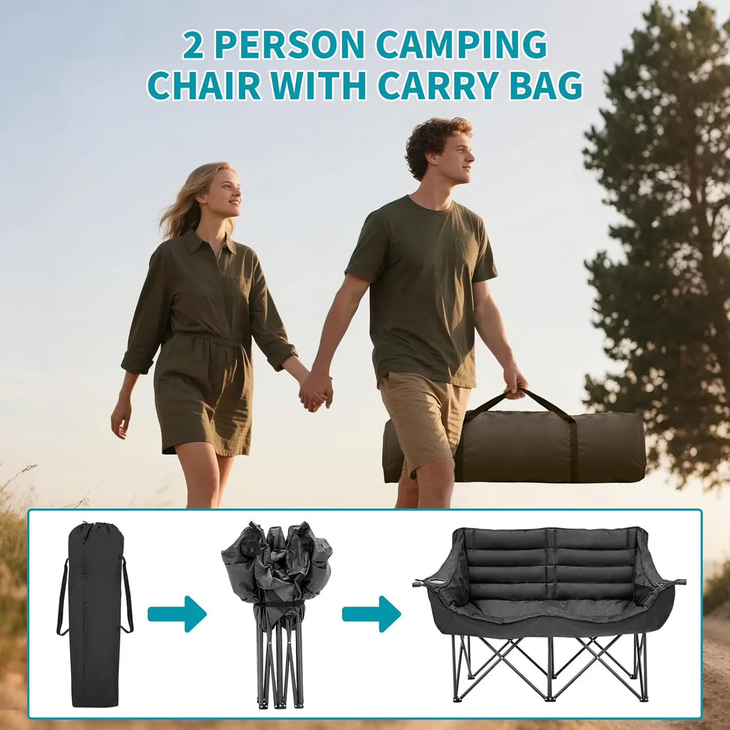 Double Camping Chair for 2 Person - Oversized Padded Folding Loveseat - Portable Camping Couch Heavy Duty Lawn Chairs for Outdoor Beach - Support 500LBS