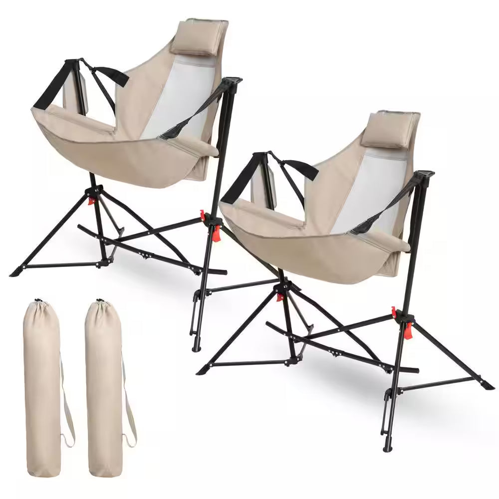 2-Piece Khaki Metal Folding Lawn Chair, Outdoor Hammock Camping Chair with Adjustable Back, Pillow Cup Holder Carry Bag