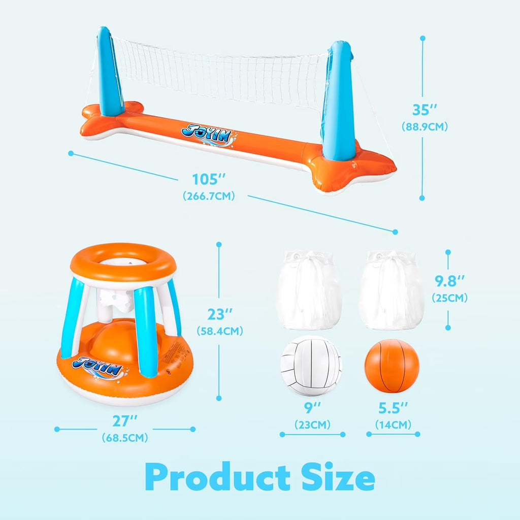 2-In-1 Inflatable Pool Toys Set with Pool Volleyball & Pool Basketball Hoop, Summer Pool Game for Kids and Pool Floats Adults, Volleyball Court (105”X28”X38”)|Basketball (27.6”X23”),L-Orange