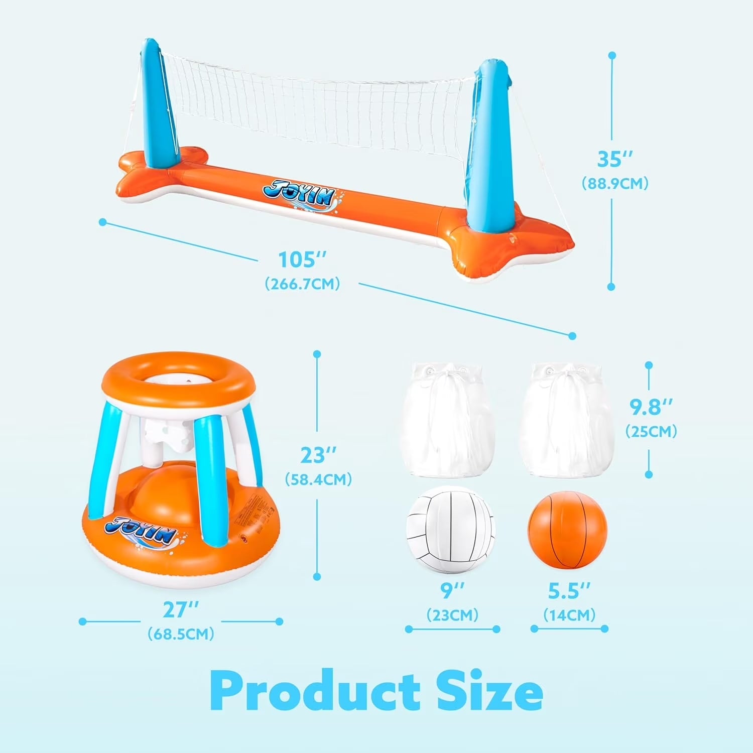 2-In-1 Inflatable Pool Toys Set with Pool Volleyball & Pool Basketball Hoop, Summer Pool Game for Kids and Pool Floats Adults, Volleyball Court (105”X28”X38”)|Basketball (27.6”X23”),L-Orange