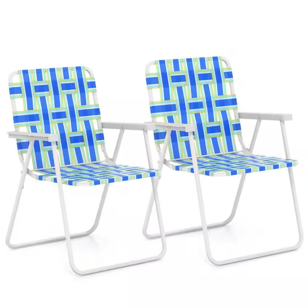 Blue Metal Webbed Lawn Chairs Outdoor Patio Folding Beach Chairs with Flightweight Portable Web Camping Chairs(Set of 2)