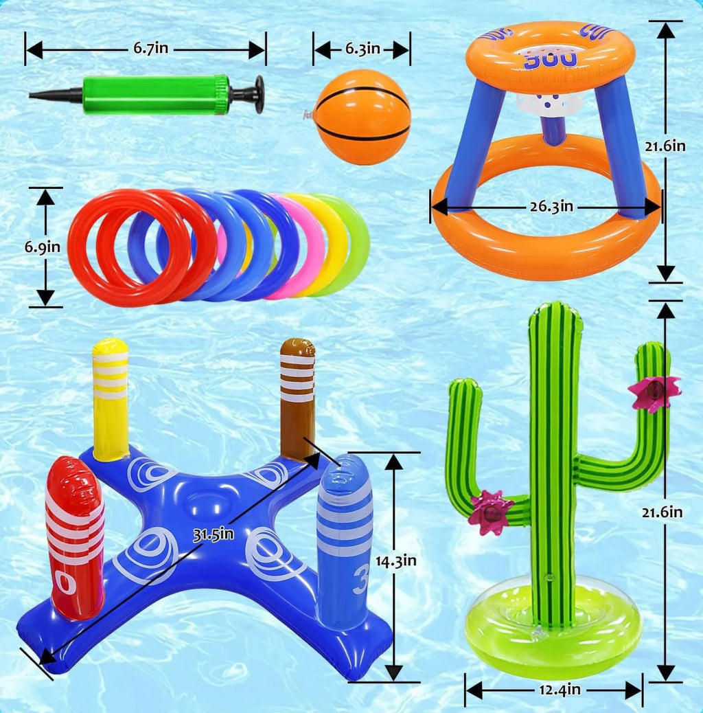 Pool Toys Games Set, Floating Basketball Hoop Inflatable Cross Ring Toss Game Toys for Kids Adults, Summer Party Swimming Pool Water Games