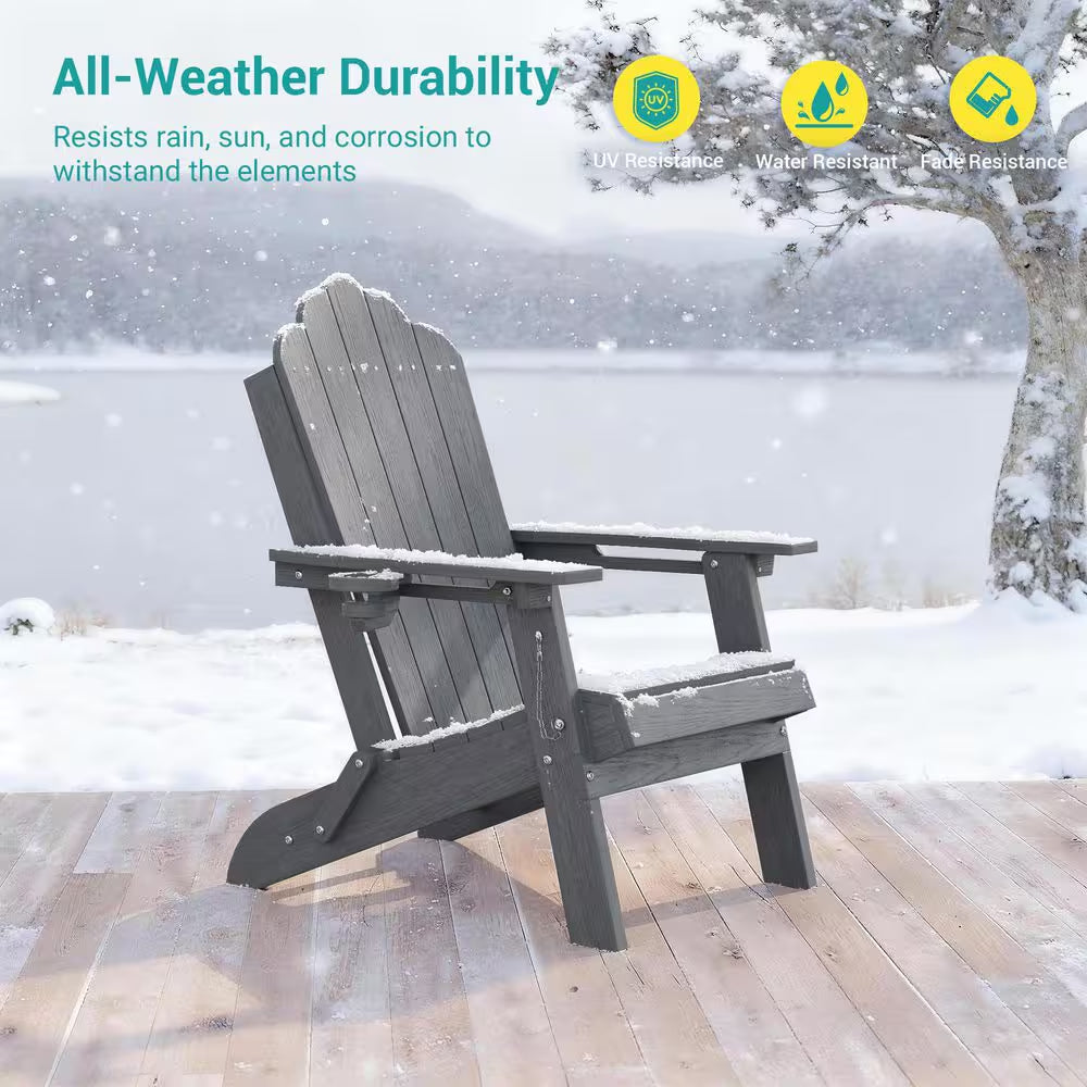 Charcoal Gray Plastic Foldable Adirondack Chair with Cup Holder, HDPE Lawn Chair, 350 Lbs., (Set of 2)