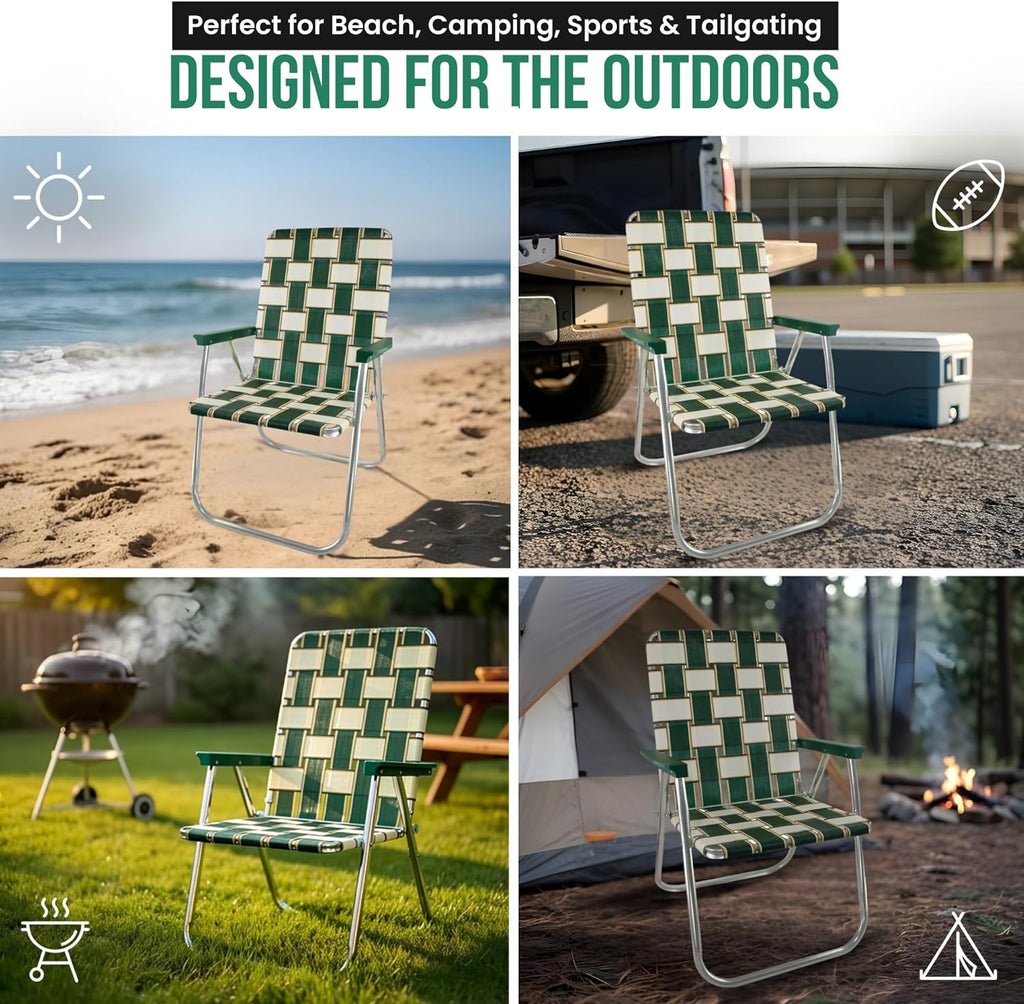 Folding Aluminum Outdoor Patio Lawn Chair | Heavy-Duty Webbed Chairs for Camping, Sports, Beach, Yard & Tailgating | Lightweight Portable | Classic - Blue Sands with Blue Arms