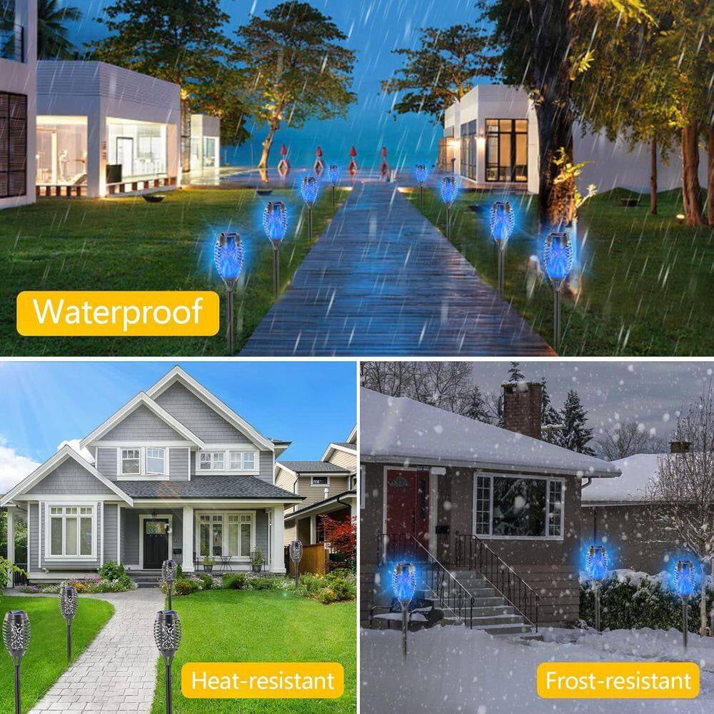 12 Pack Blue Solar Torch Lights with Flickering Flame 12 LED Waterproof Outdoor Garden Yard Decoration