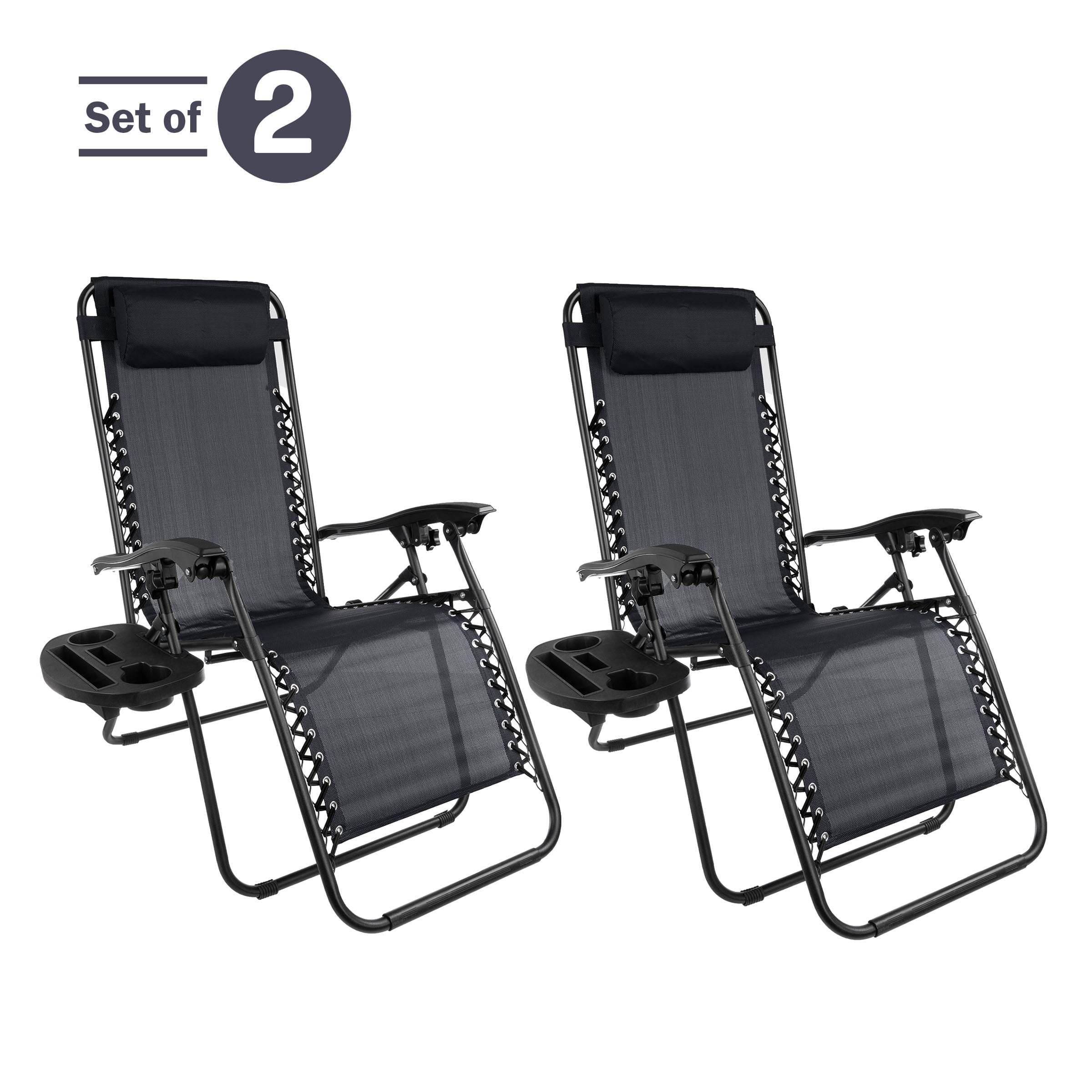 Zero Gravity Lounge Chairs, Set of 2 Folding Recliners with Side Table, Cup Holder & Pillow, Black