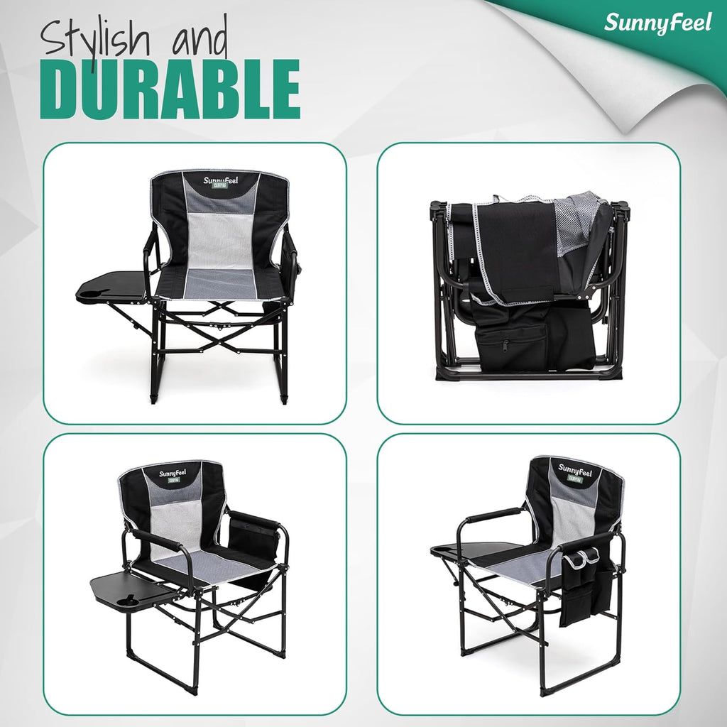 Oversized Camping Directors Chair, Portable Folding Lawn Chairs for Adults Heavy Duty with Side Table,Pocket for Beach, Fishing,Picnic,Concert,Tailgating，Outdoor Foldable Camp Chair