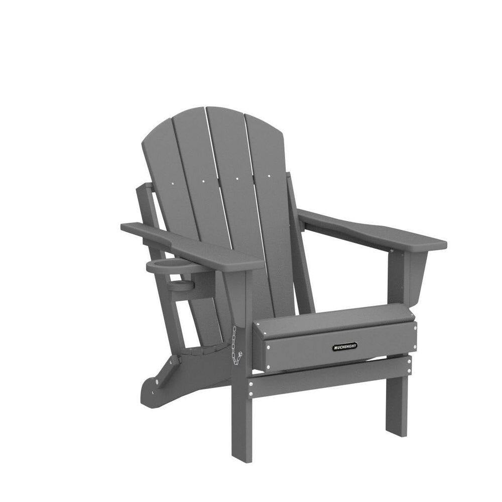 Gray Folding Adirondack Chairs Set of 1, Patio Chairs with Cup Holder, Lawn Chairs, Weather Resistant, Recyclable