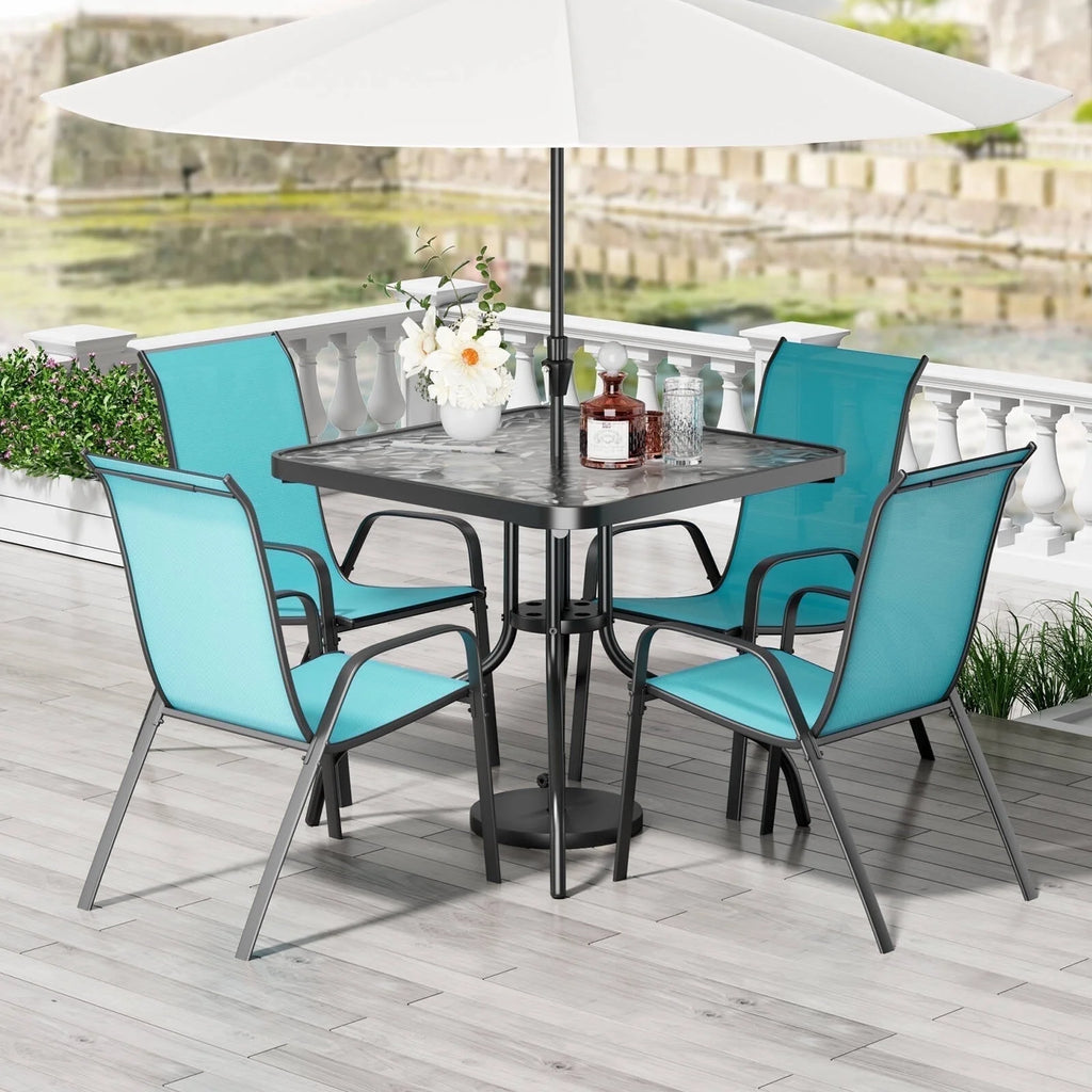 Patio Dining Set of 5, Outdoor Furniture Set with 4 Stackable Textilene Armchairs & Square Table, Light Blue