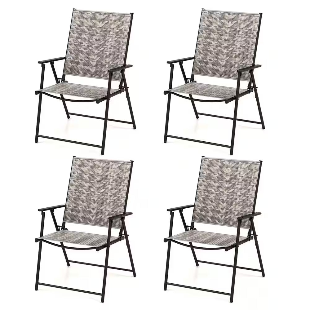 Mix Gray Folding Metal Outdoor Dining Chair Set of 4 W/Armrests Metal Frame for Garden No Assembly